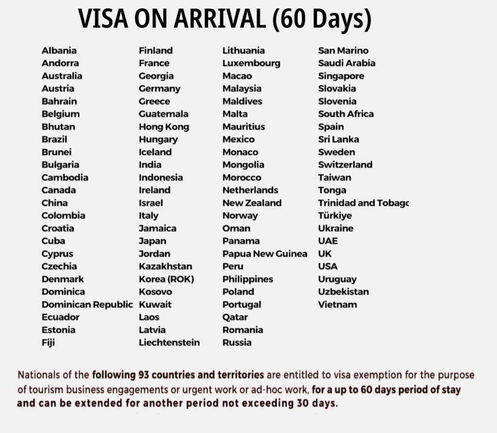 VISA on Arrival countries to Thailand