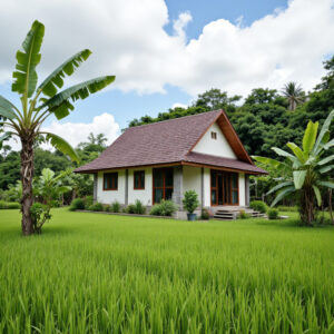 Small house in countryside with rice field