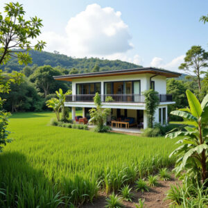 Small house in the country , rice field