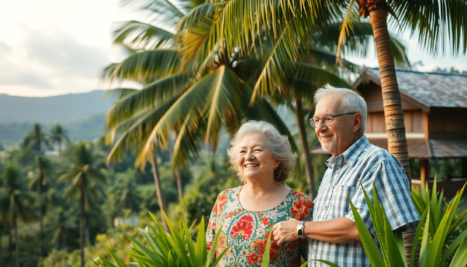 Elderly couple enjoying tropical scenery.